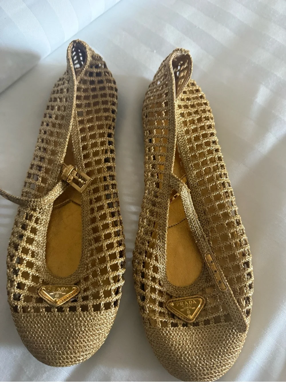 Prada Crochet Mary Jane Flats in Metallic Gold-Tan - Picture 6 of 8